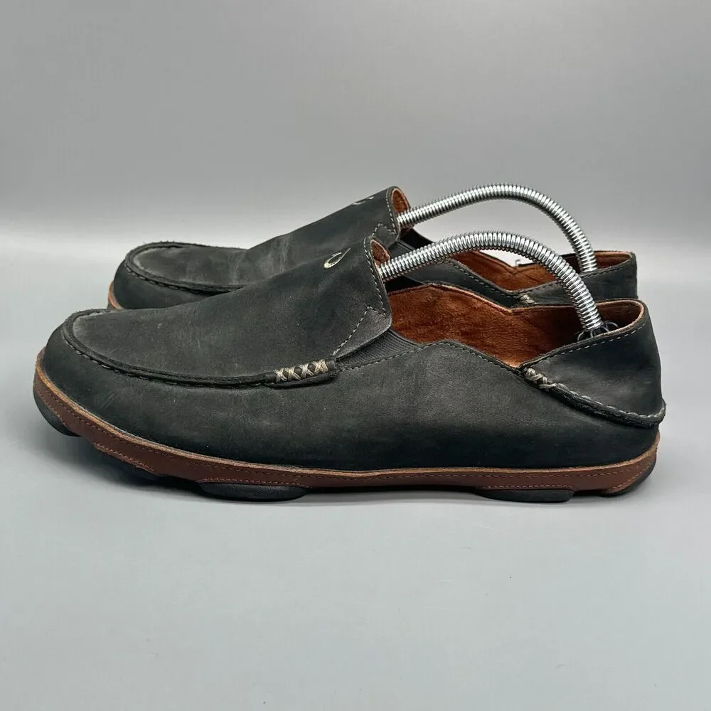 Olukai Moloa Men's 10 Black Nubuck Leather Casual Shoes Slip-On Round Toe Loafer